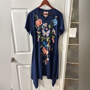 Johnny Was Navy Dress with Vibrant Floral Embroidery and Handkerchief Hem
